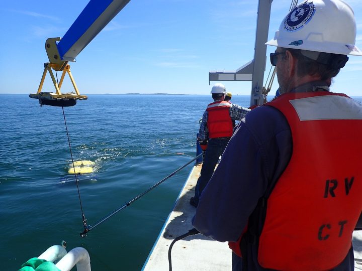 Recovering the K2 ROV - preparing to hook in the recovery line