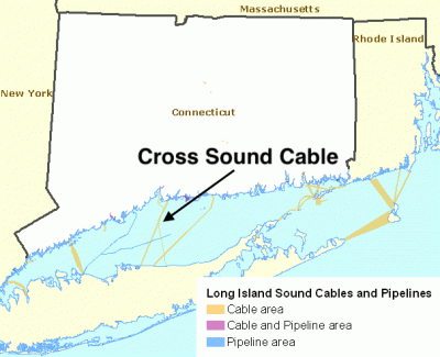 Map depicting the location of electrical cables and energy pipelines under Long Island Sound