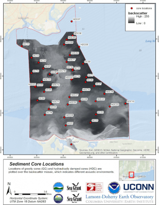 Location of sediment cores taken in the Phase I Pilot area by the LDEO team to characterize the sedimentary environments