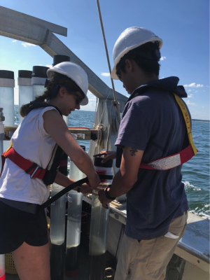 Students assisting with sediment coring operations on the RV Pritchard (credit: C. McHugh)