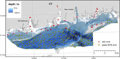 Map of the study are in North-Eastern Long Island Sound showing the sediment grab and core locations of samples collected in summer 2018. Background water depth is provided by NOAA