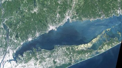 LANDSAT satellite image of Long Island Sound illustrating the high level of human development (white areas) bordering the Sound