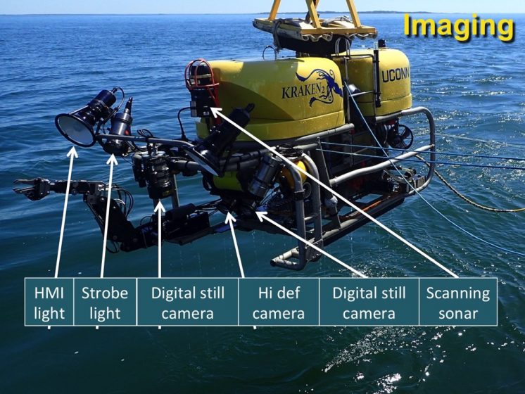 Image of the University of Connecticut's Kraken2 remotely operated vehicle (ROV) with labels indicating the technologies on board