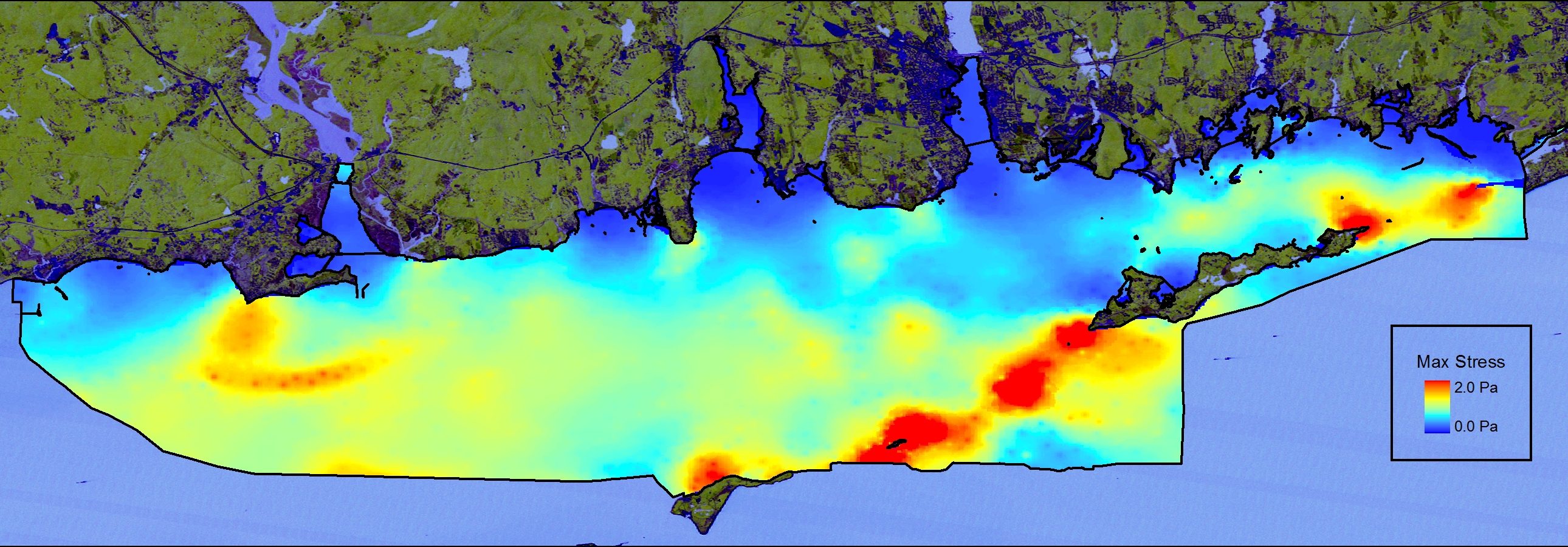 Map of maximum predicted bottom stress in the Phase II area